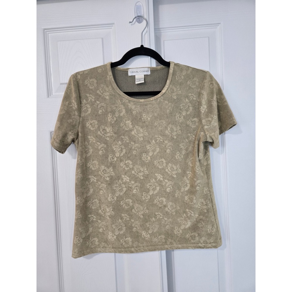 Vintage Y2K Floral Short Sleeve Top Sage Green Crew Neck Size M USA Baby Spice